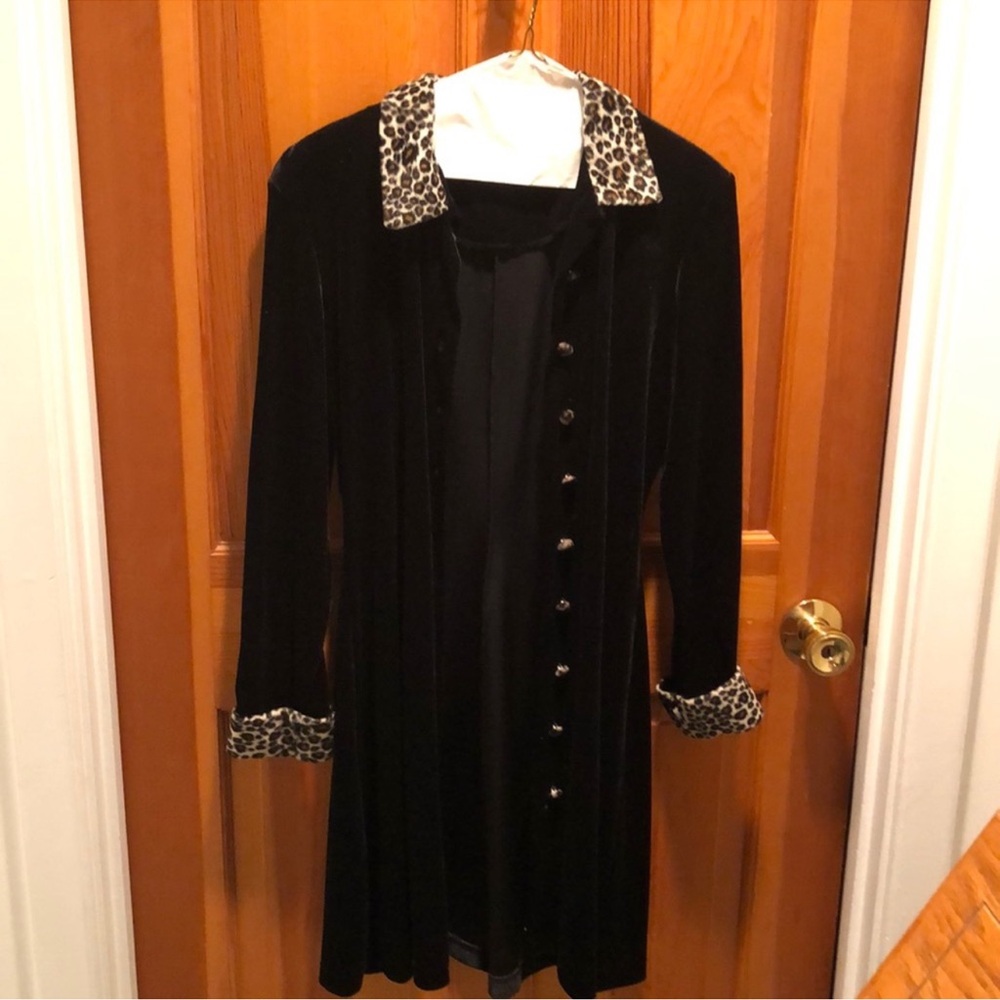 Black Velvet Long Sleeve Dress with Leopard Trim